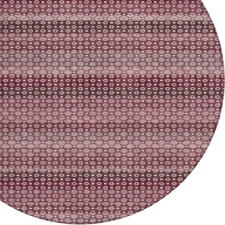 8' Red And Burgundy Round Striped Washable Indoor Outdoor Area Rug