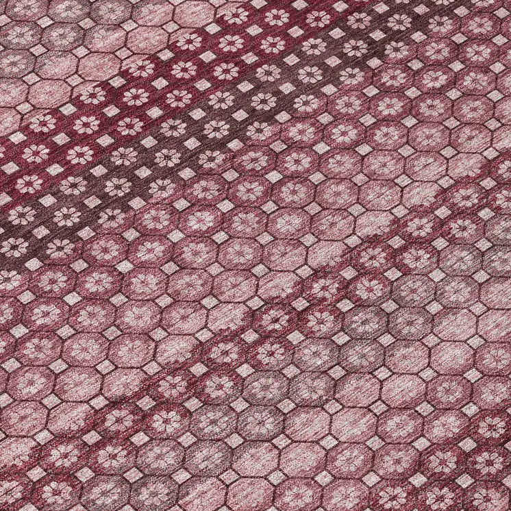 8' Red And Burgundy Round Striped Washable Indoor Outdoor Area Rug