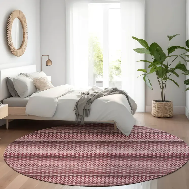 8' Red And Burgundy Round Striped Washable Indoor Outdoor Area Rug