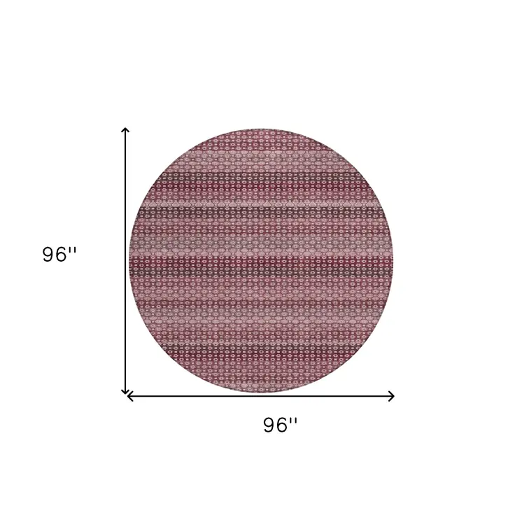 8' Red And Burgundy Round Striped Washable Indoor Outdoor Area Rug
