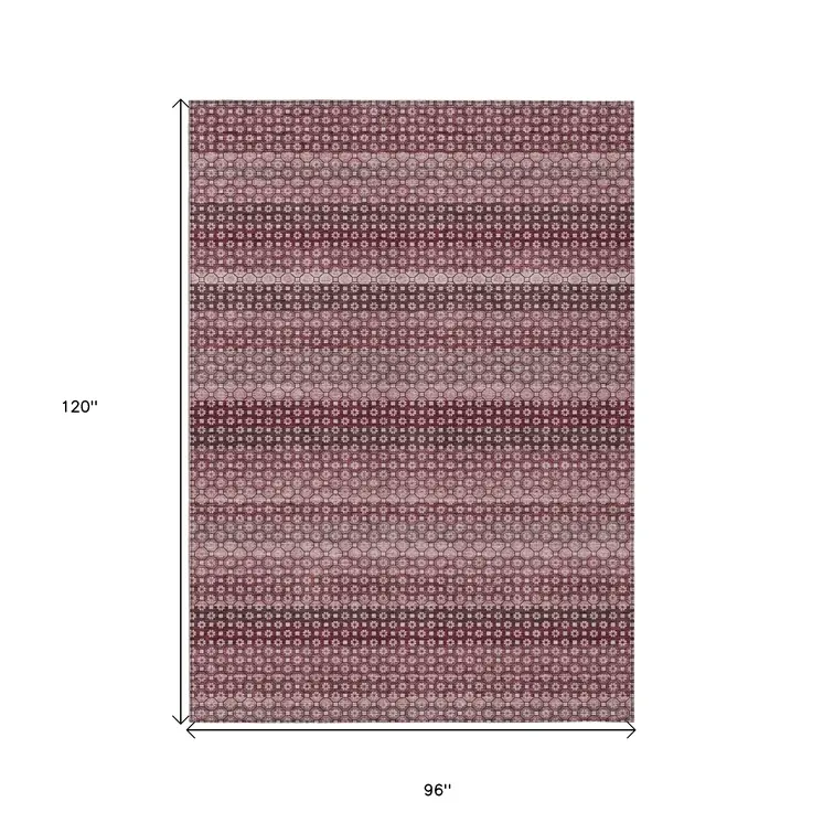 8' X 10' Red And Burgundy Striped Washable Indoor Outdoor Area Rug