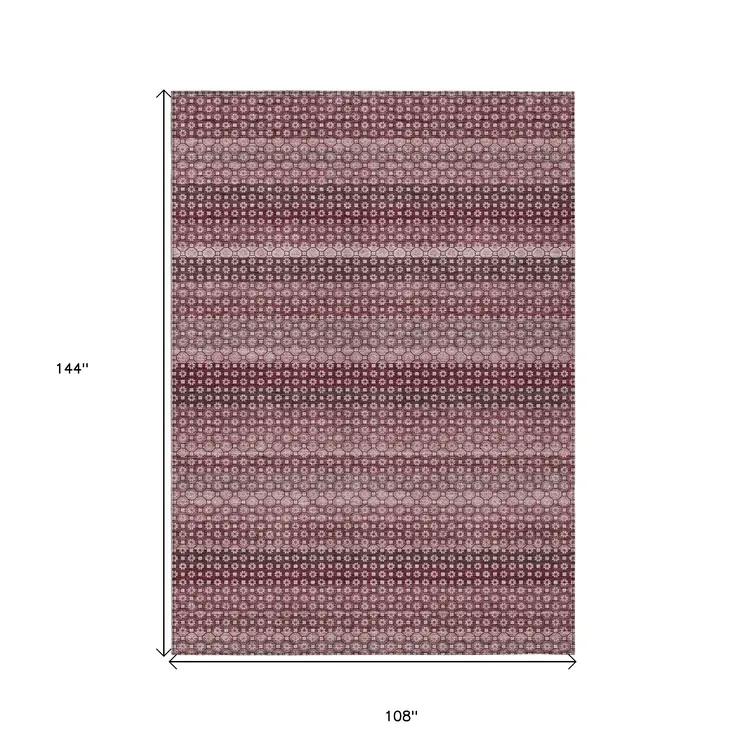 9' X 12' Red And Burgundy Striped Washable Indoor Outdoor Area Rug