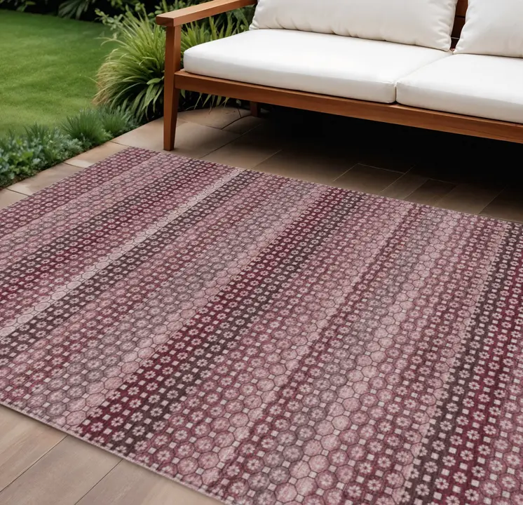 9' X 12' Red And Burgundy Striped Washable Indoor Outdoor Area Rug