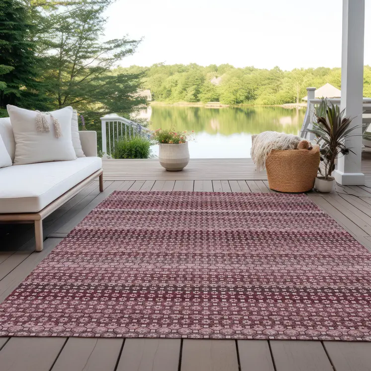 9' X 12' Red And Burgundy Striped Washable Indoor Outdoor Area Rug