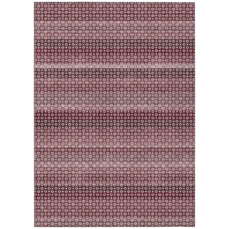 9' X 12' Red And Burgundy Striped Washable Indoor Outdoor Area Rug