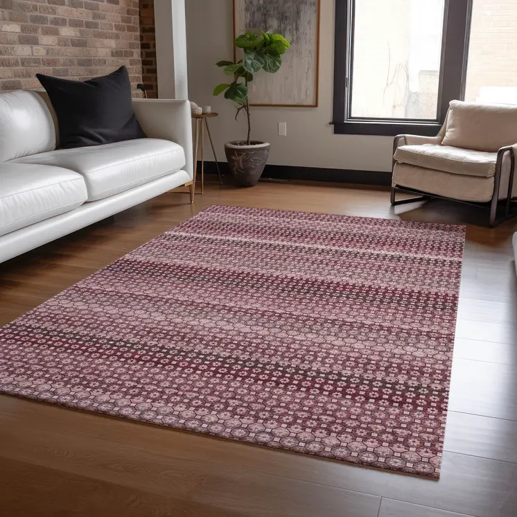 9' X 12' Red And Burgundy Striped Washable Indoor Outdoor Area Rug