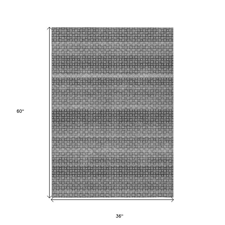 3' X 5' Gray And Silver Striped Washable Indoor Outdoor Area Rug