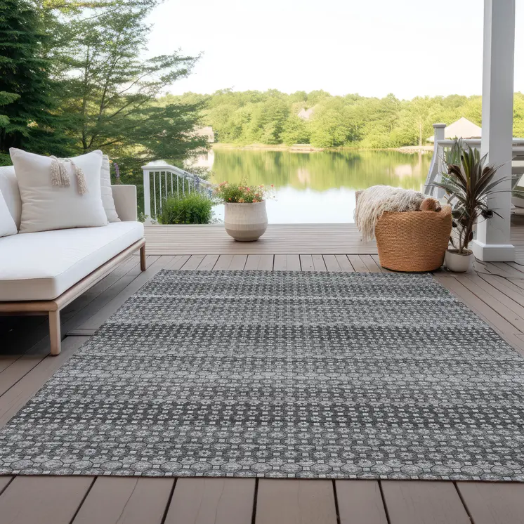 3' X 5' Gray And Silver Striped Washable Indoor Outdoor Area Rug