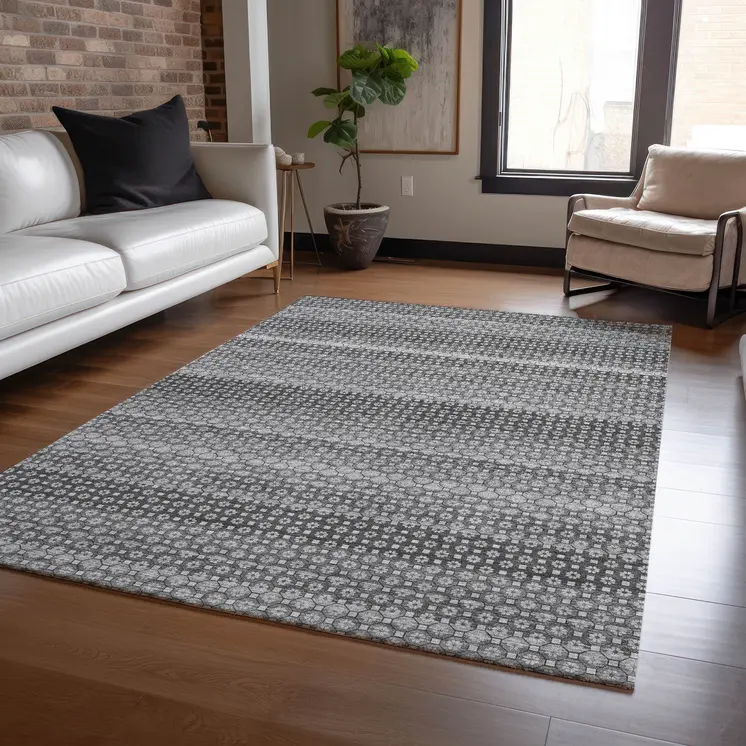 3' X 5' Gray And Silver Striped Washable Indoor Outdoor Area Rug