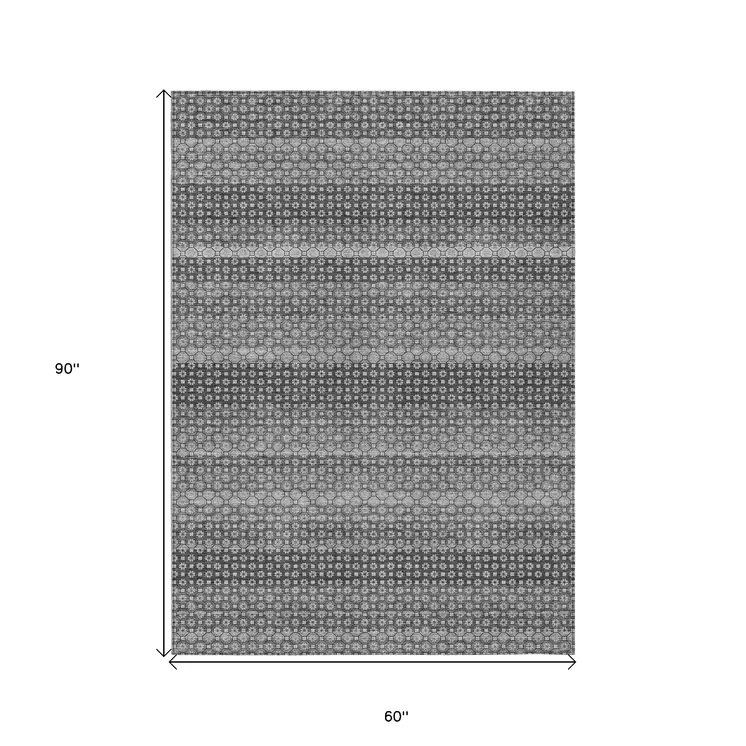 5' X 8' Gray And Silver Striped Washable Indoor Outdoor Area Rug