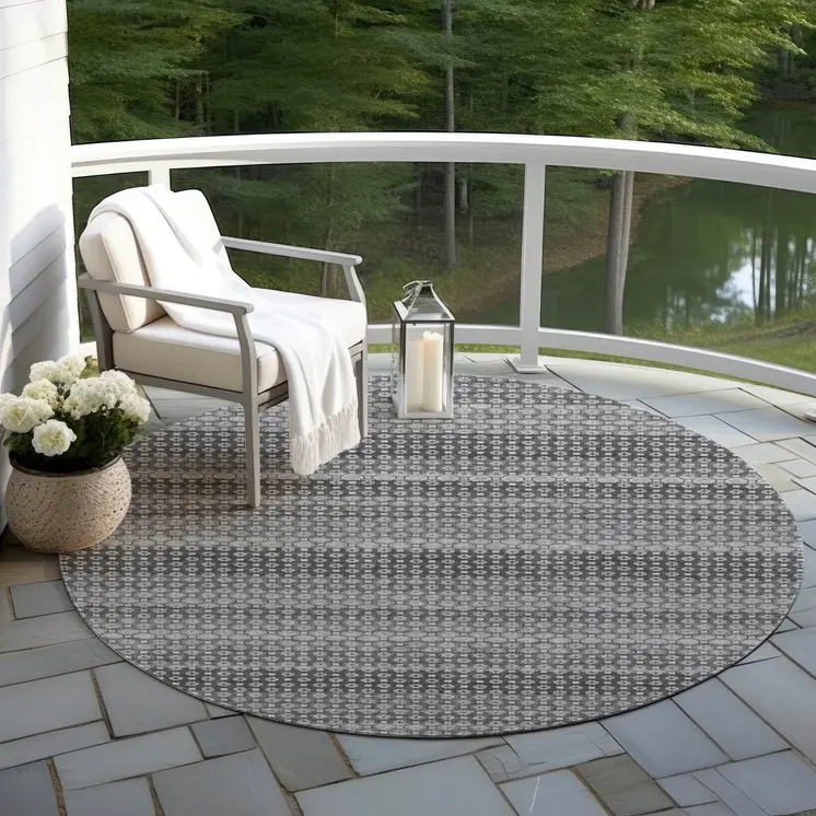 8' Gray And Silver Round Striped Washable Indoor Outdoor Area Rug