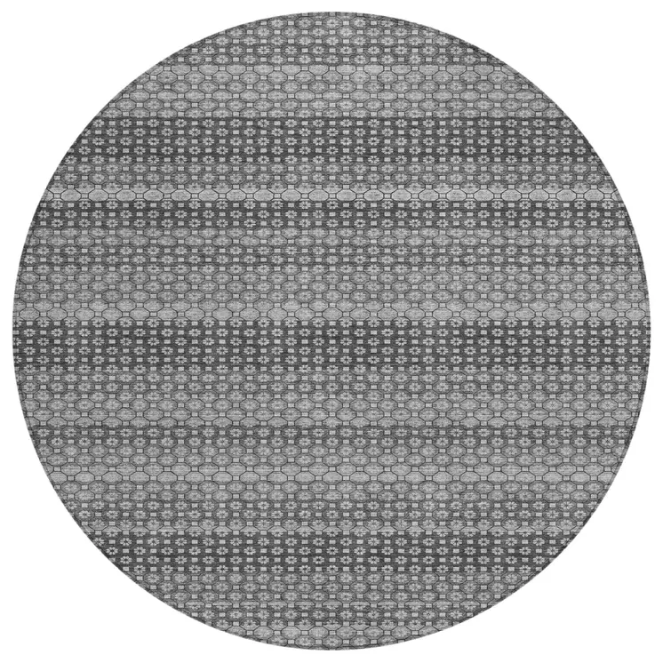 8' Gray And Silver Round Striped Washable Indoor Outdoor Area Rug
