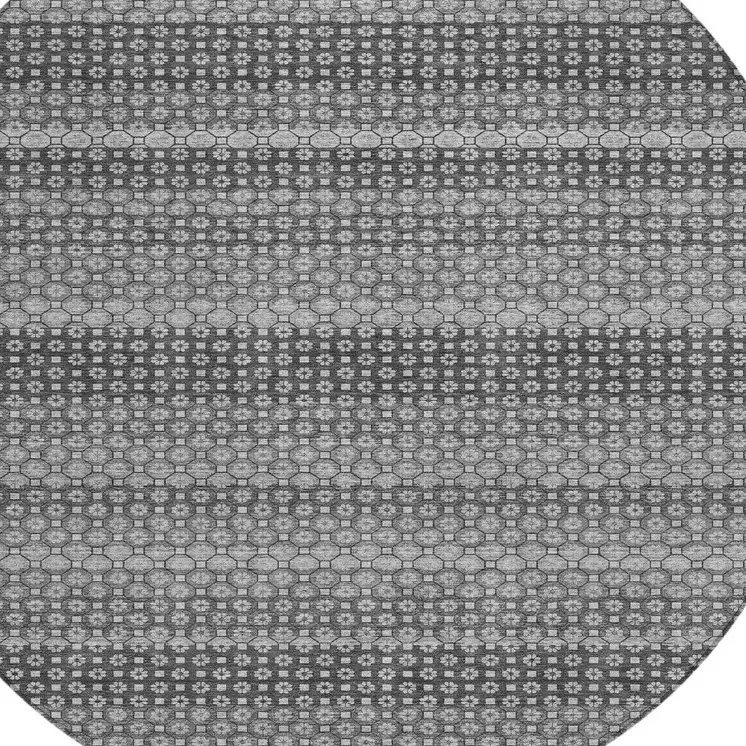 8' Gray And Silver Round Striped Washable Indoor Outdoor Area Rug