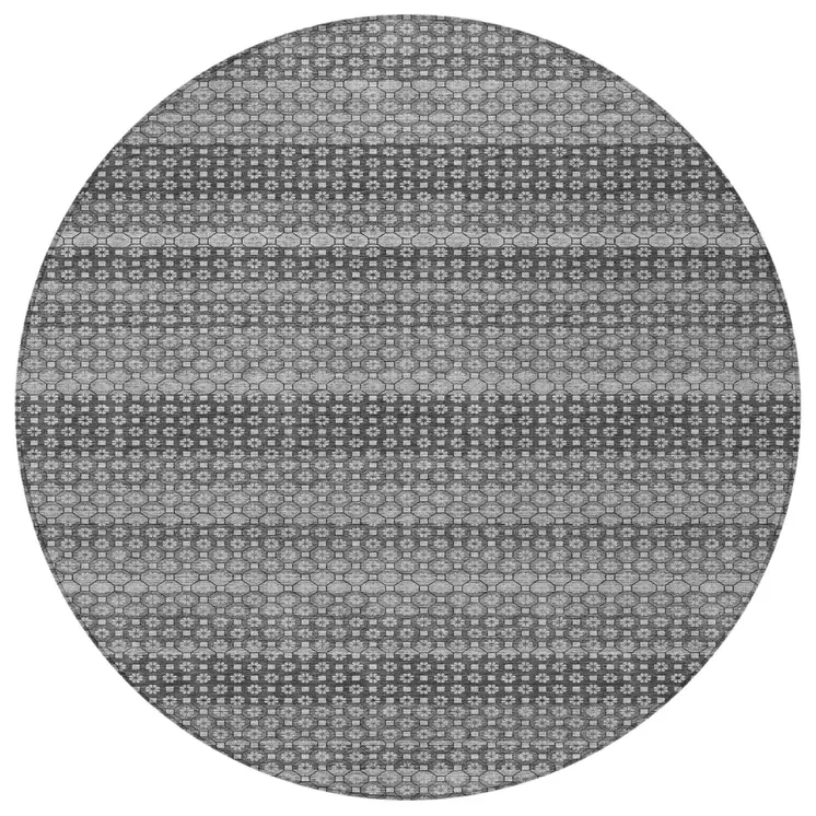 8' Gray And Silver Round Striped Washable Indoor Outdoor Area Rug