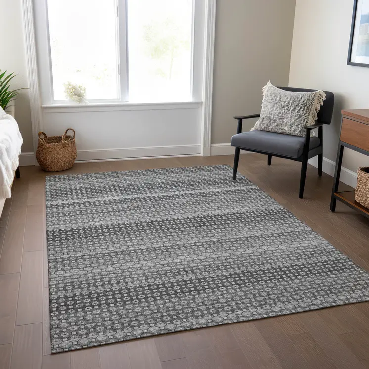 8' X 10' Gray And Silver Striped Washable Indoor Outdoor Area Rug
