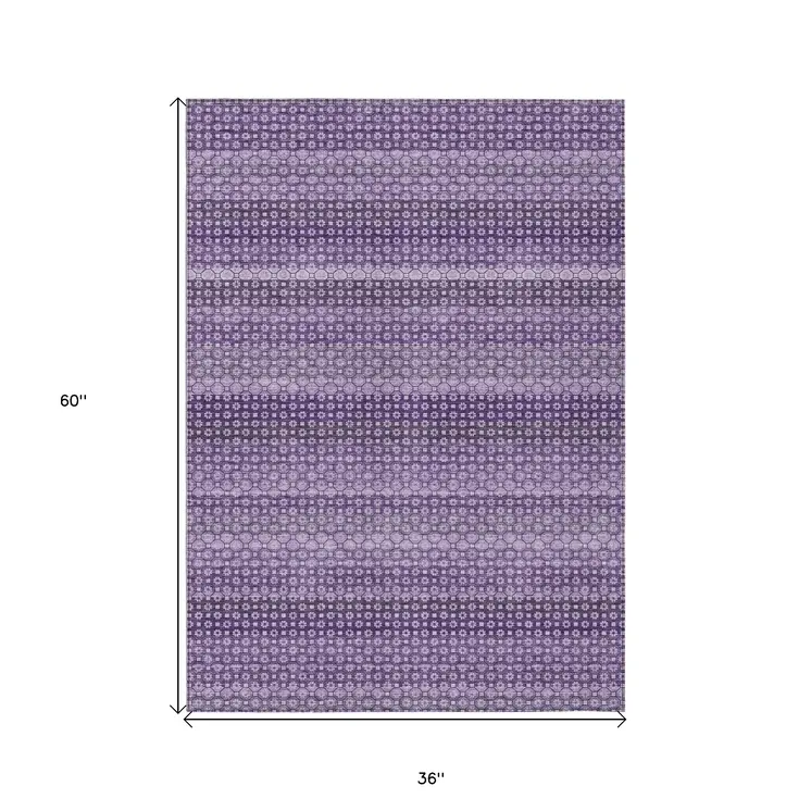 3' X 5' Lavender And Purple Striped Washable Indoor Outdoor Area Rug