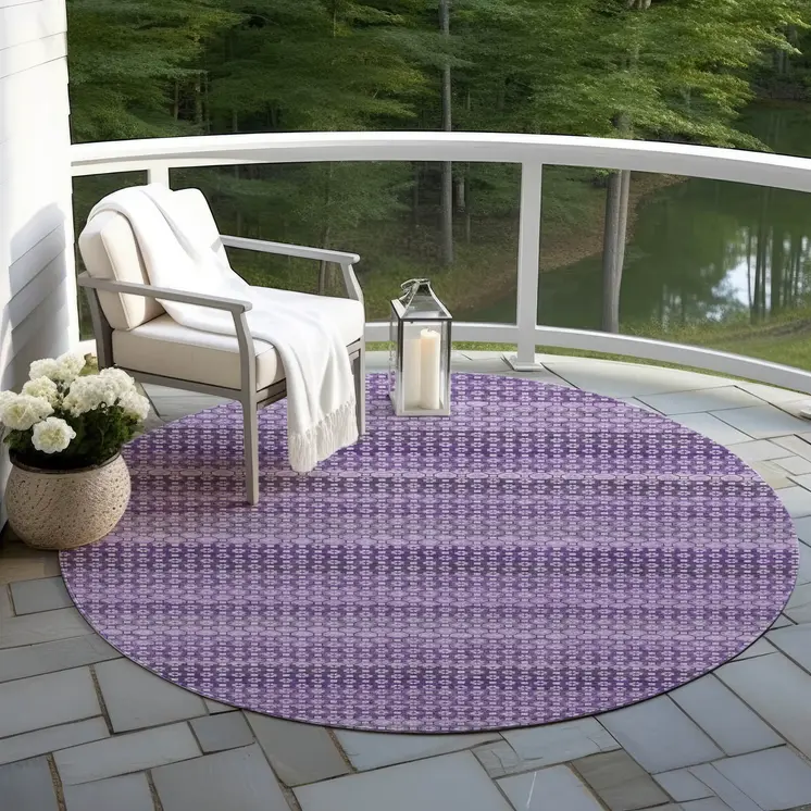 8' Lavender And Purple Round Striped Washable Indoor Outdoor Area Rug
