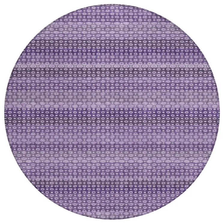 8' Lavender And Purple Round Striped Washable Indoor Outdoor Area Rug