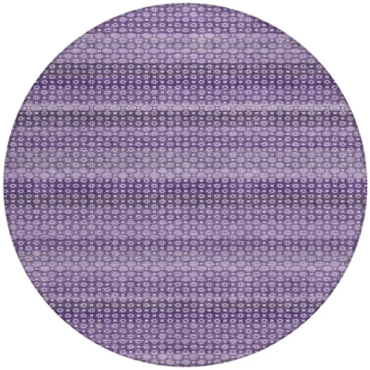 8' Lavender And Purple Round Striped Washable Indoor Outdoor Area Rug