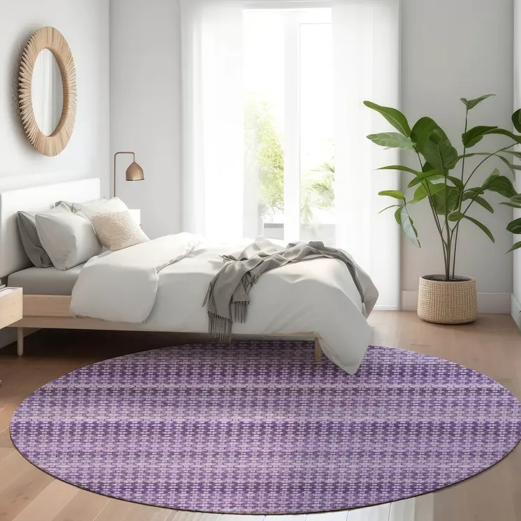 8' Lavender And Purple Round Striped Washable Indoor Outdoor Area Rug