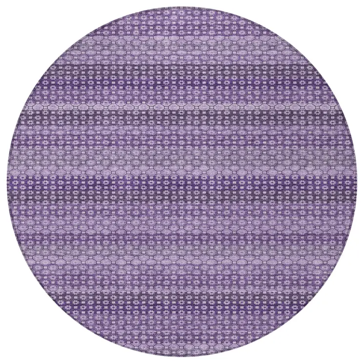 8' Lavender And Purple Round Striped Washable Indoor Outdoor Area Rug