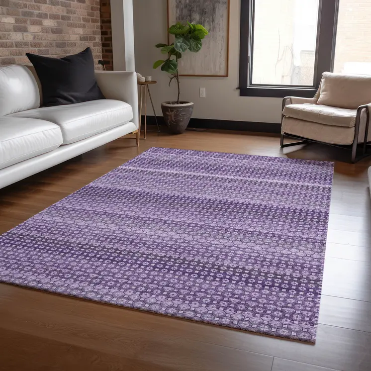 8' X 10' Lavender And Purple Striped Washable Indoor Outdoor Area Rug