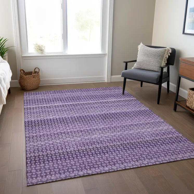 8' X 10' Lavender And Purple Striped Washable Indoor Outdoor Area Rug