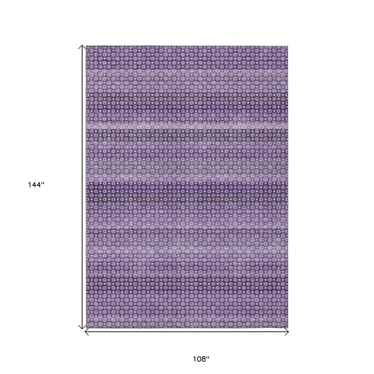 9' X 12' Lavender And Purple Striped Washable Indoor Outdoor Area Rug
