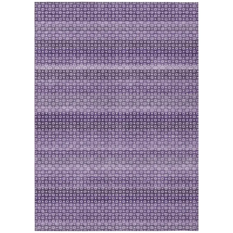 9' X 12' Lavender And Purple Striped Washable Indoor Outdoor Area Rug