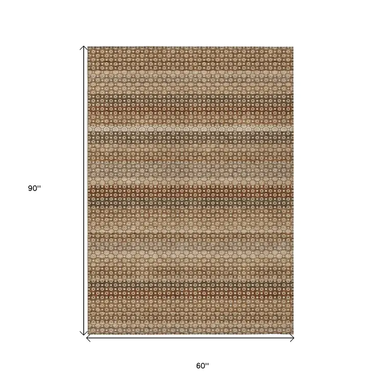 5' X 8' Orange And Copper Striped Washable Indoor Outdoor Area Rug