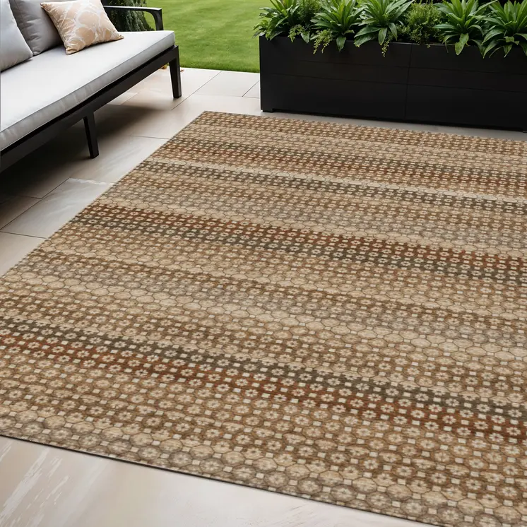 5' X 8' Orange And Copper Striped Washable Indoor Outdoor Area Rug
