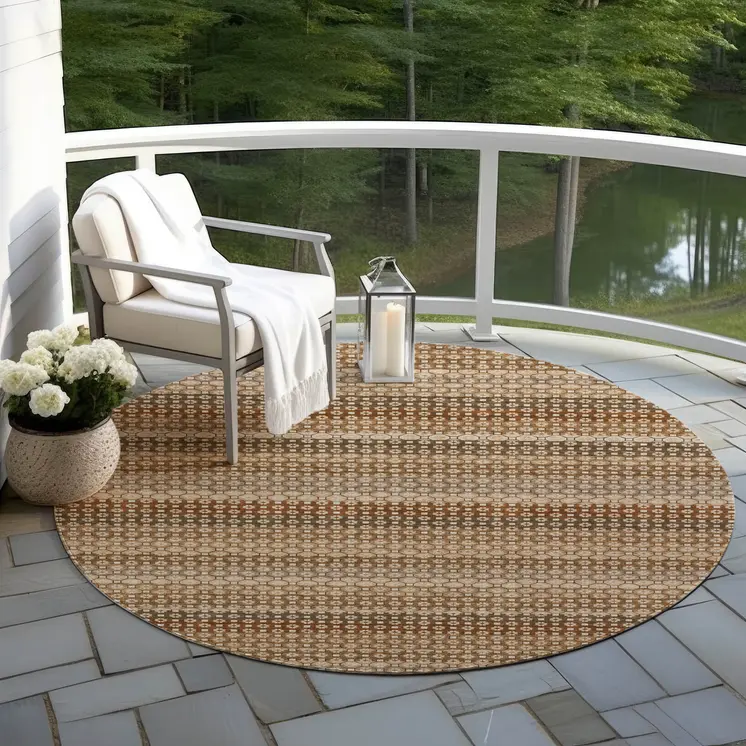 8' Orange And Copper Round Striped Washable Indoor Outdoor Area Rug
