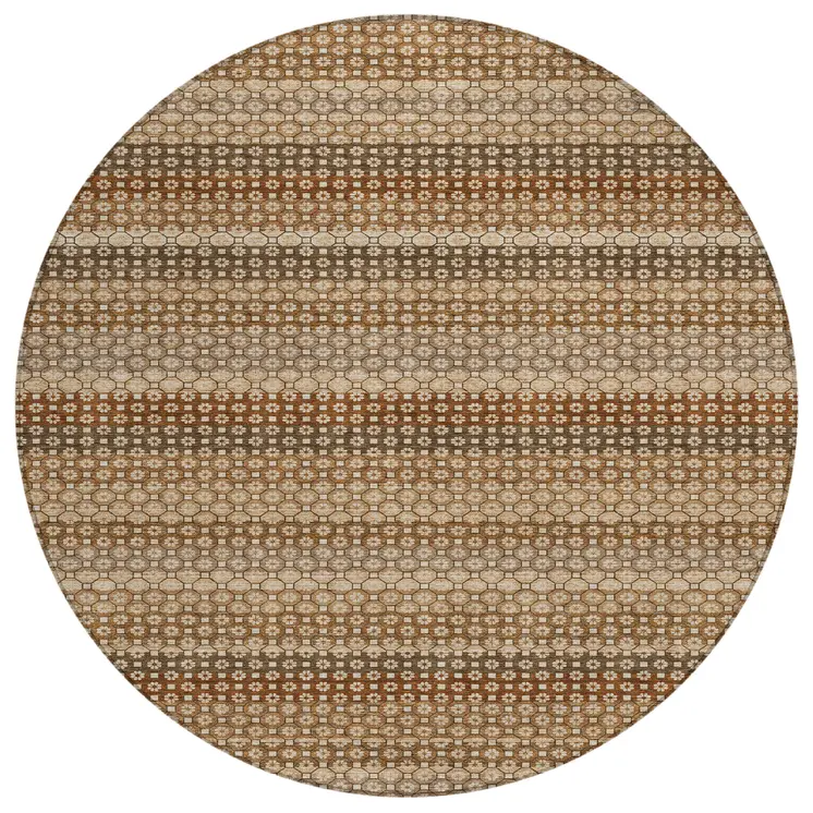 8' Orange And Copper Round Striped Washable Indoor Outdoor Area Rug