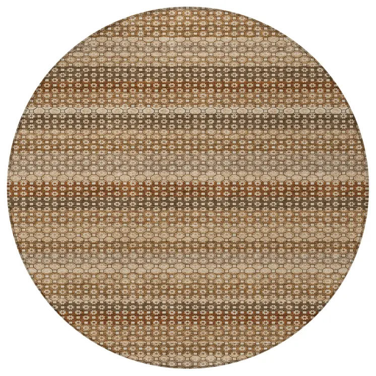 8' Orange And Copper Round Striped Washable Indoor Outdoor Area Rug