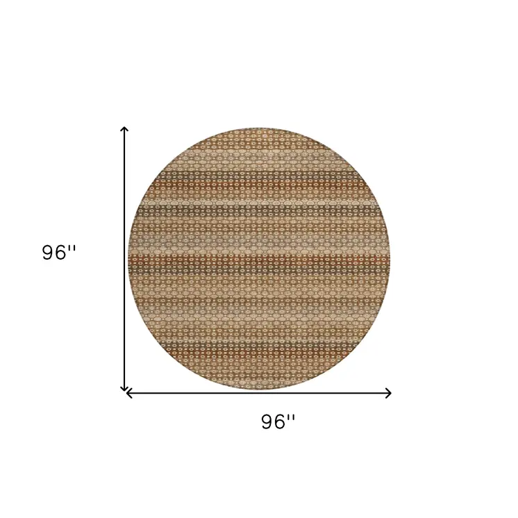8' Orange And Copper Round Striped Washable Indoor Outdoor Area Rug