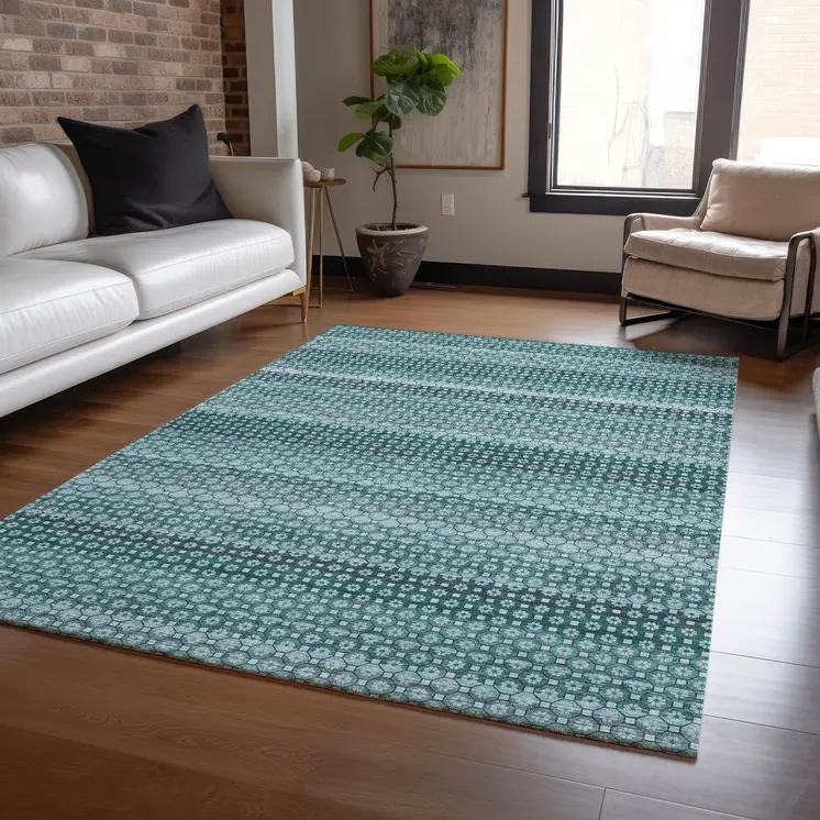 3' X 5' Teal Blue And Aqua Striped Washable Indoor Outdoor Area Rug