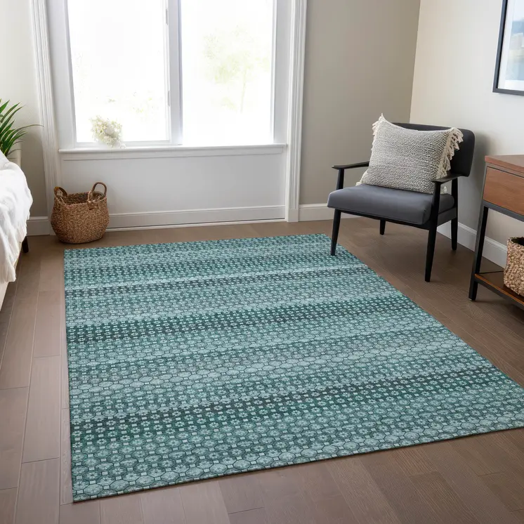 3' X 5' Teal Blue And Aqua Striped Washable Indoor Outdoor Area Rug
