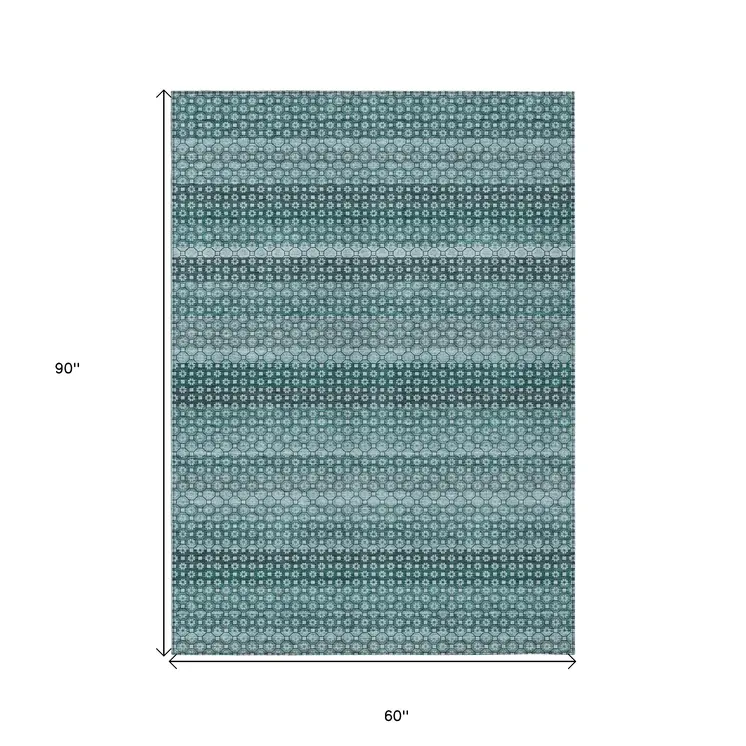 5' X 8' Teal Blue And Aqua Striped Washable Indoor Outdoor Area Rug