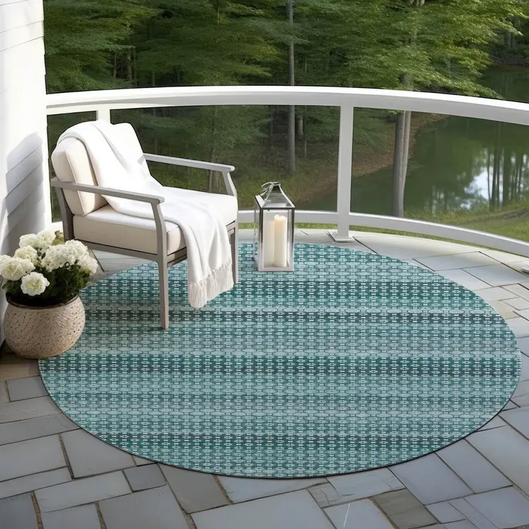 8' Teal Blue And Aqua Round Striped Washable Indoor Outdoor Area Rug