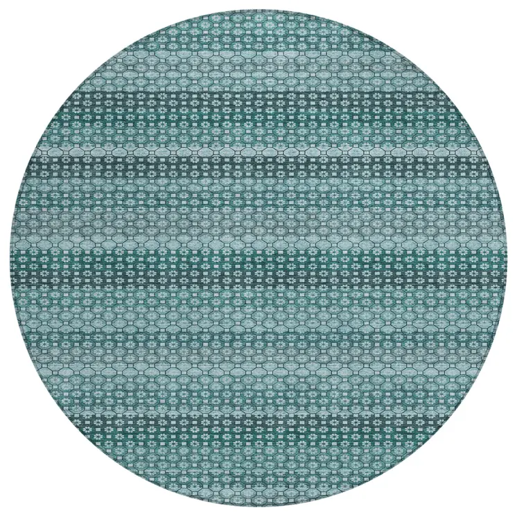 8' Teal Blue And Aqua Round Striped Washable Indoor Outdoor Area Rug