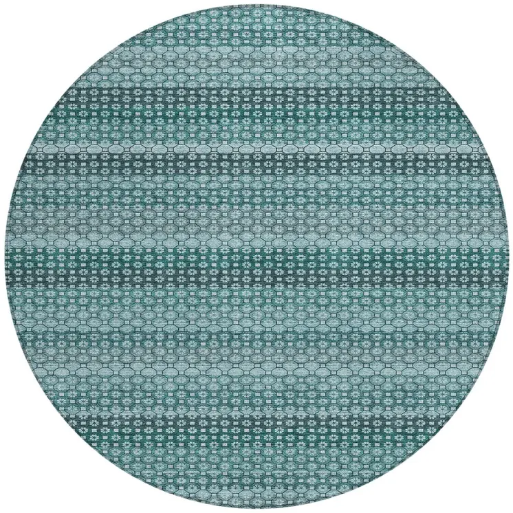 8' Teal Blue And Aqua Round Striped Washable Indoor Outdoor Area Rug