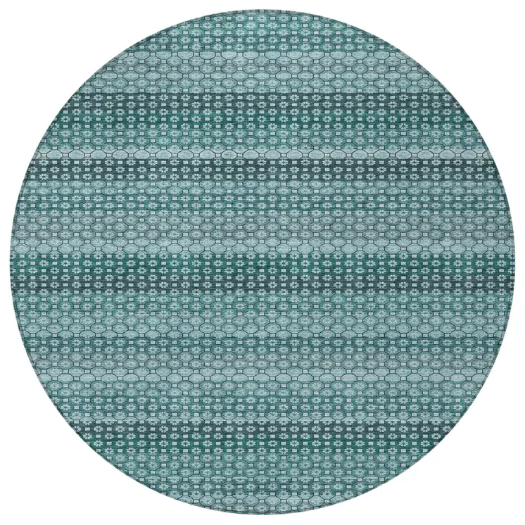 8' Teal Blue And Aqua Round Striped Washable Indoor Outdoor Area Rug
