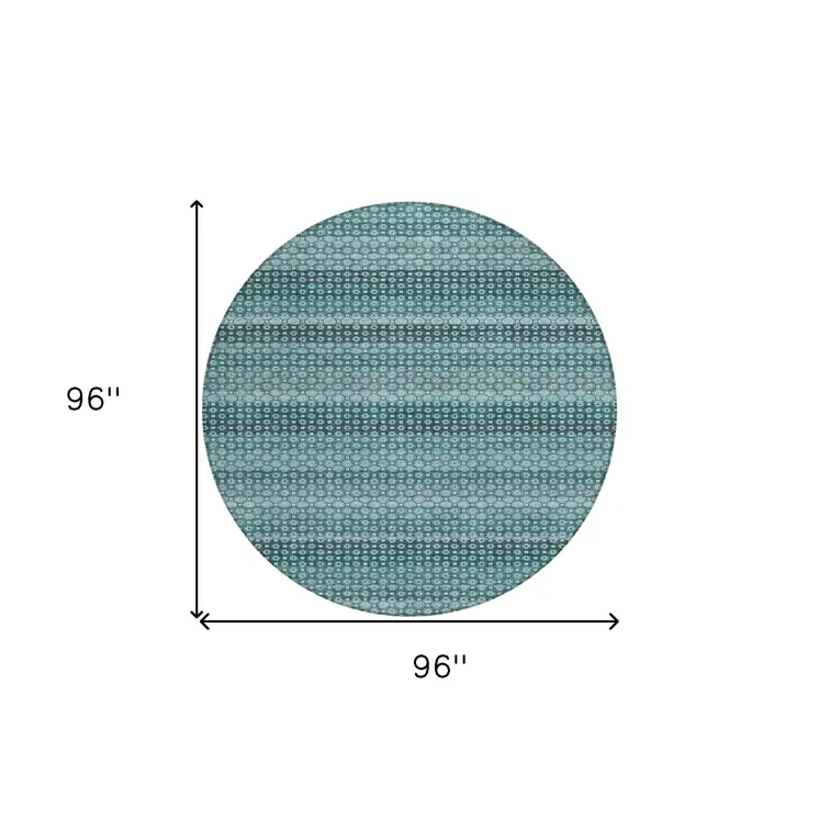 8' Teal Blue And Aqua Round Striped Washable Indoor Outdoor Area Rug