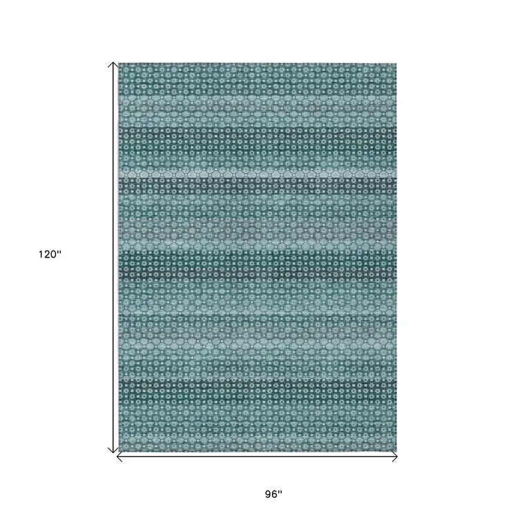 8' X 10' Teal Blue And Aqua Striped Washable Indoor Outdoor Area Rug