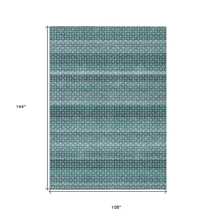 9' X 12' Teal Blue And Aqua Striped Washable Indoor Outdoor Area Rug