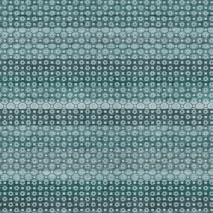 9' X 12' Teal Blue And Aqua Striped Washable Indoor Outdoor Area Rug