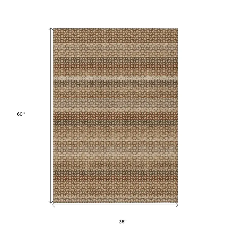 3' X 5' Taupe And Brown Striped Washable Indoor Outdoor Area Rug