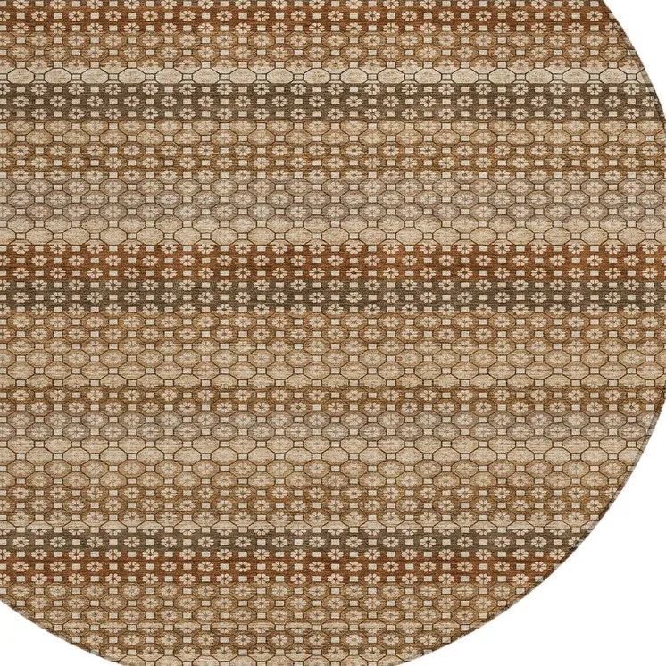 8' Taupe And Brown Round Striped Washable Indoor Outdoor Area Rug