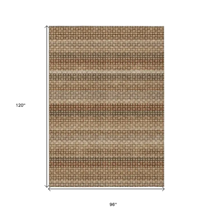 8' X 10' Taupe And Brown Striped Washable Indoor Outdoor Area Rug