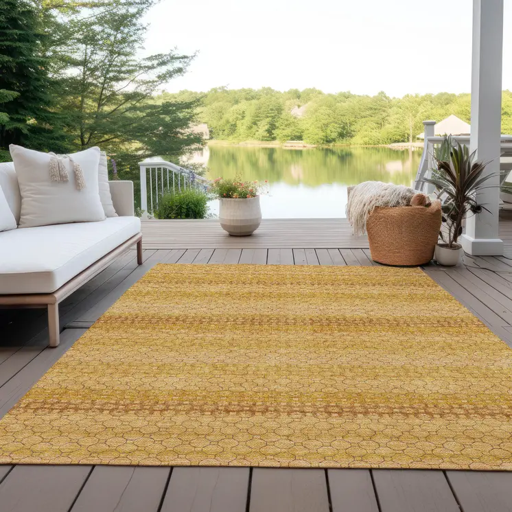 3' X 5' Wheat And Gold Striped Washable Indoor Outdoor Area Rug